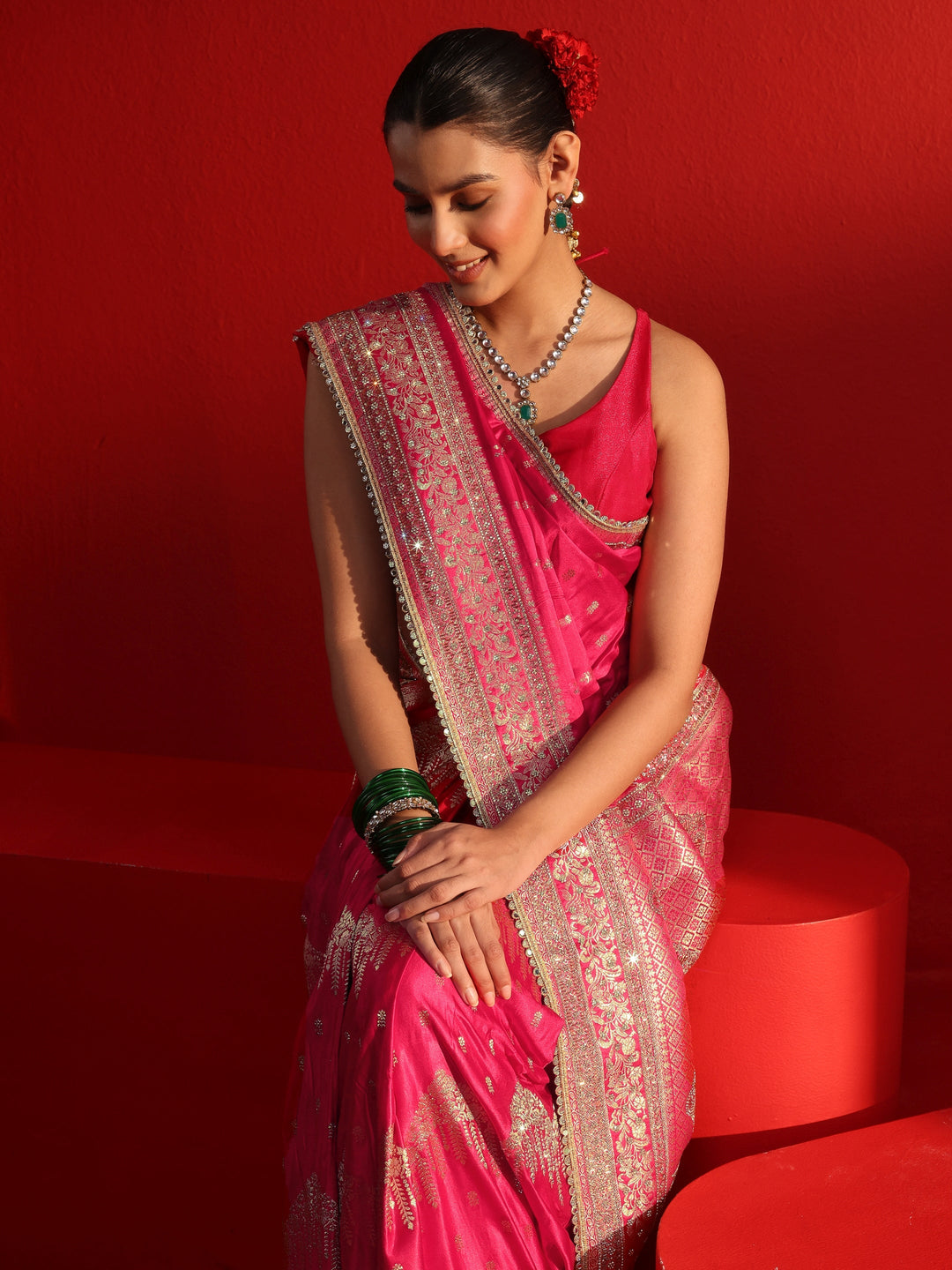 Libas Art Pink Woven Design Stone Work Satin Saree