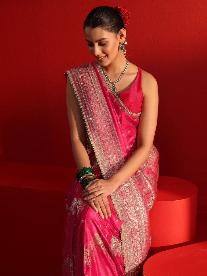 Libas Art Pink Woven Design Stone Work Satin Saree