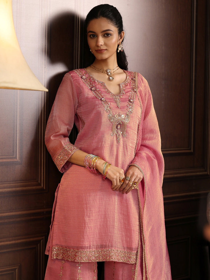Libas Art Pink Yoke Design Embellished Tissue Sharara Suit Set