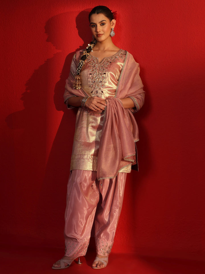 Libas Art Pink Yoke Embellished Silk Blend Farshi Salwar Suit