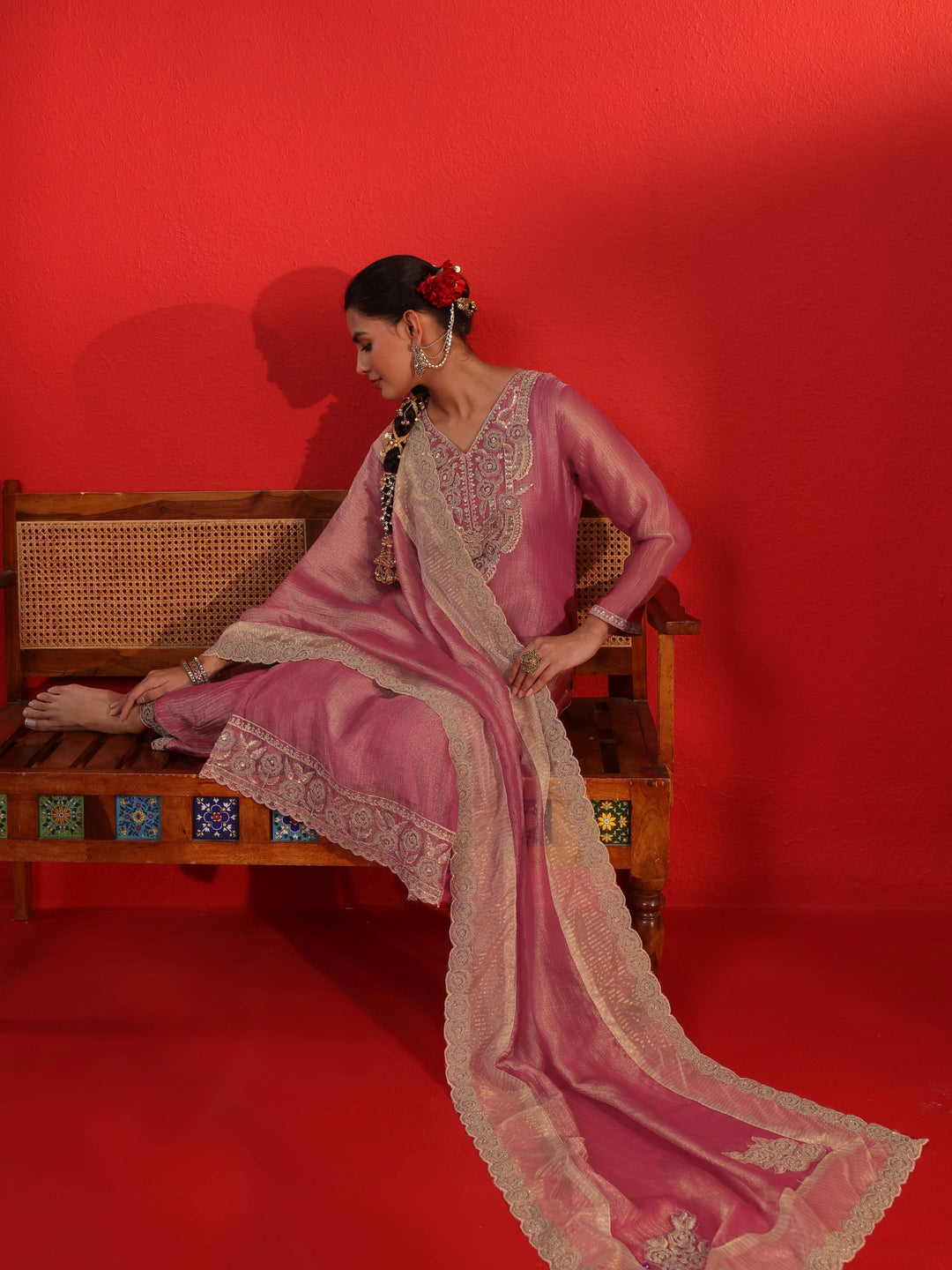 Libas Art Pink Yoke Embroidered Tissue Straight Suit Set