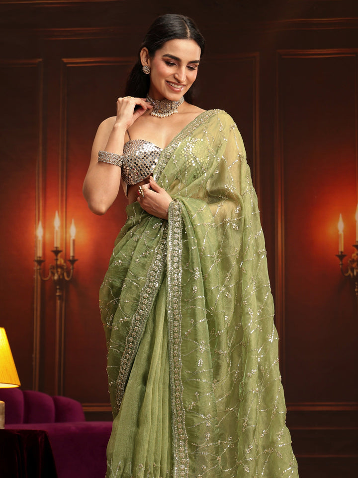 Libas Art Pista Green Embellished Tissue Saree