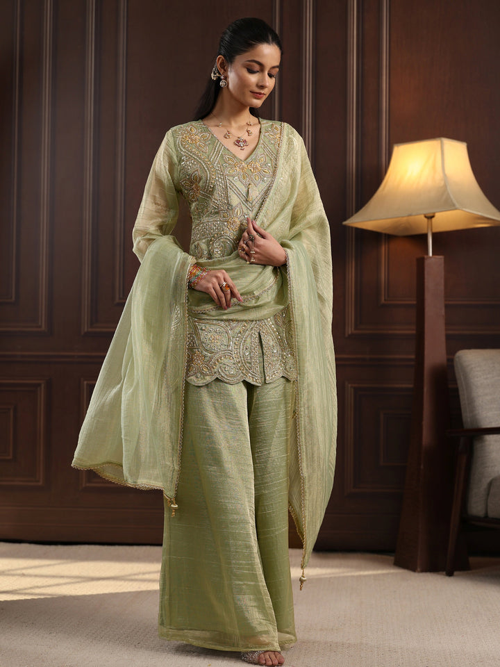 Libas Art Pista Green Floral Embellished Tissue Palazzo Suit Set