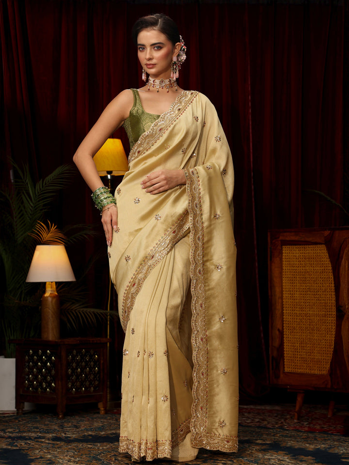 Libas Art Pista Green Floral Sequin Embellished Silk Blend Saree