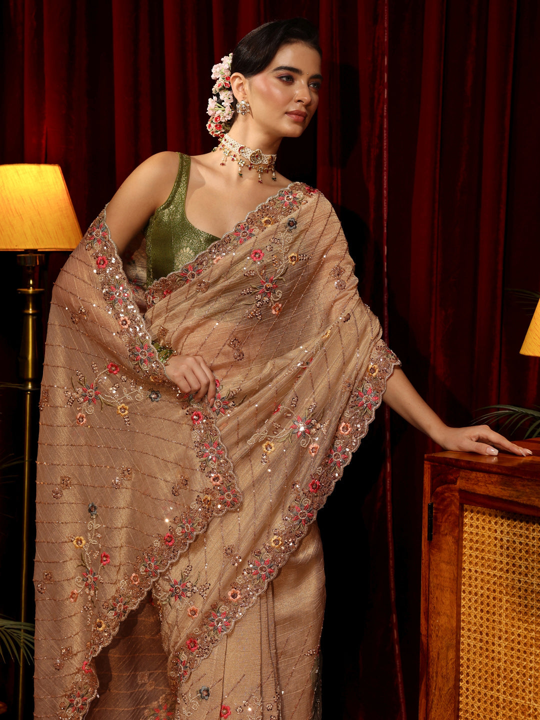 Libas Art Pista Green Floral Sequin Embellished Tissue Saree