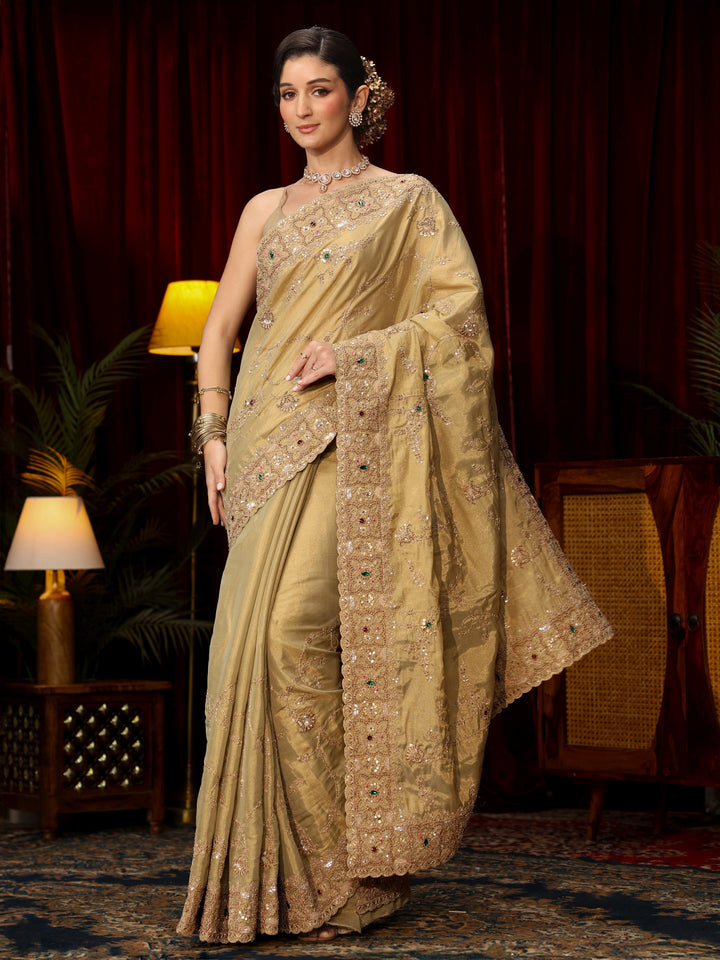 Libas Art Pista Green Sequin Zari Embroidered Silk Blend Saree
