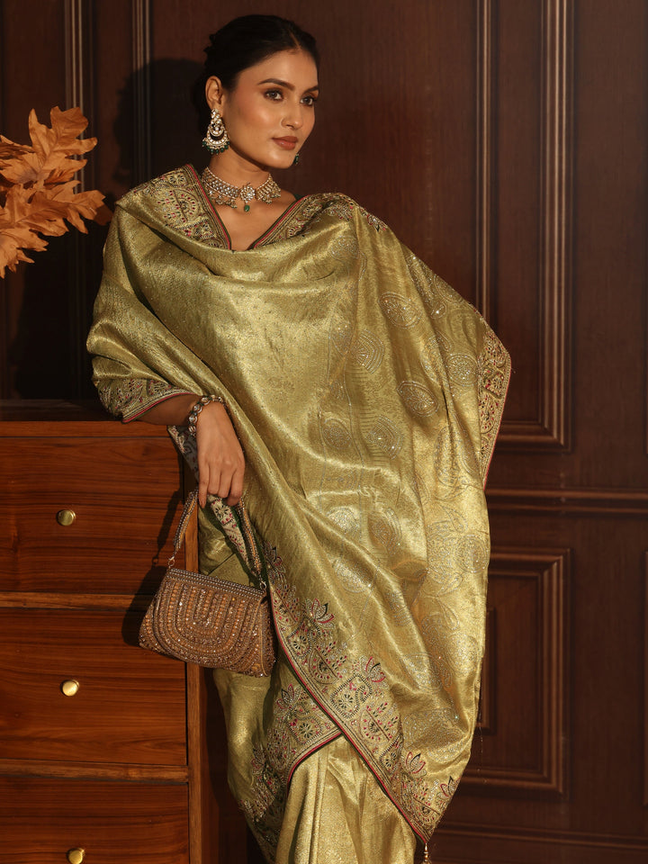 Libas Art Pista Green  Woven Design Silk Blend Saree with Embellished Border