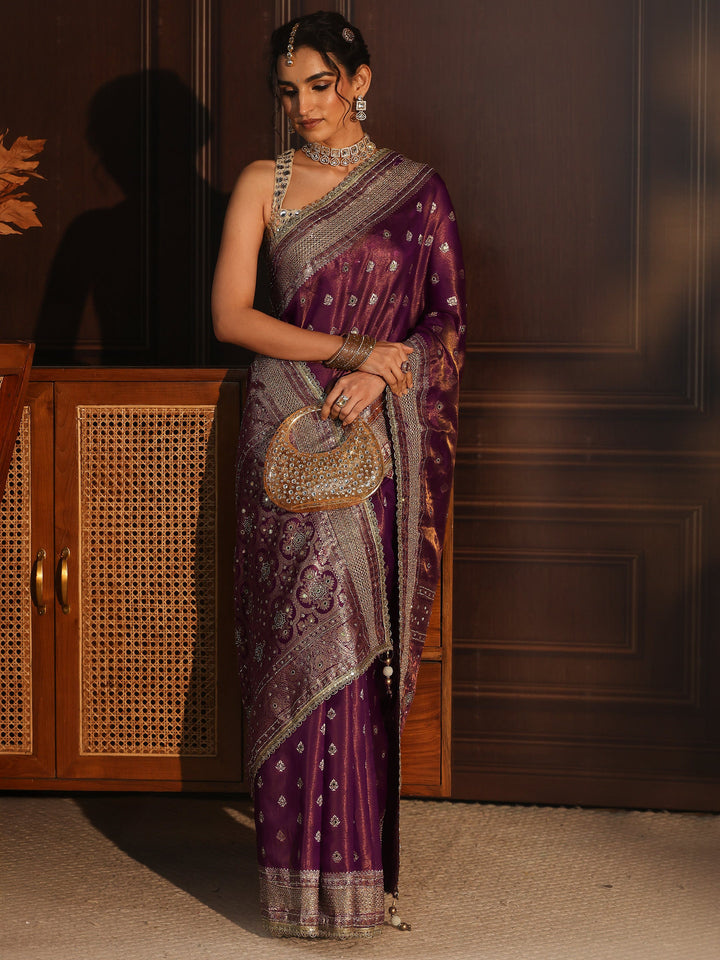 Libas Art Plum Purple Embellished Silk Blend Saree