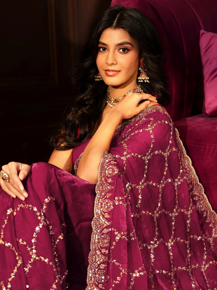 Libas Art Plum Purple Embellished Tissue Saree