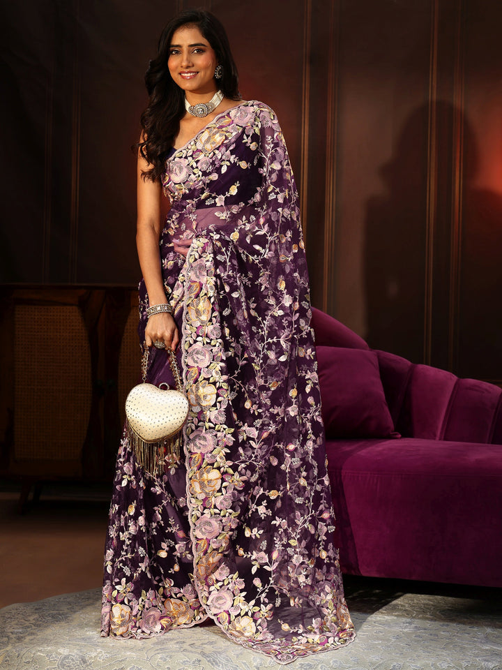 Libas Art Plum Purple Floral Embroidered Net Saree