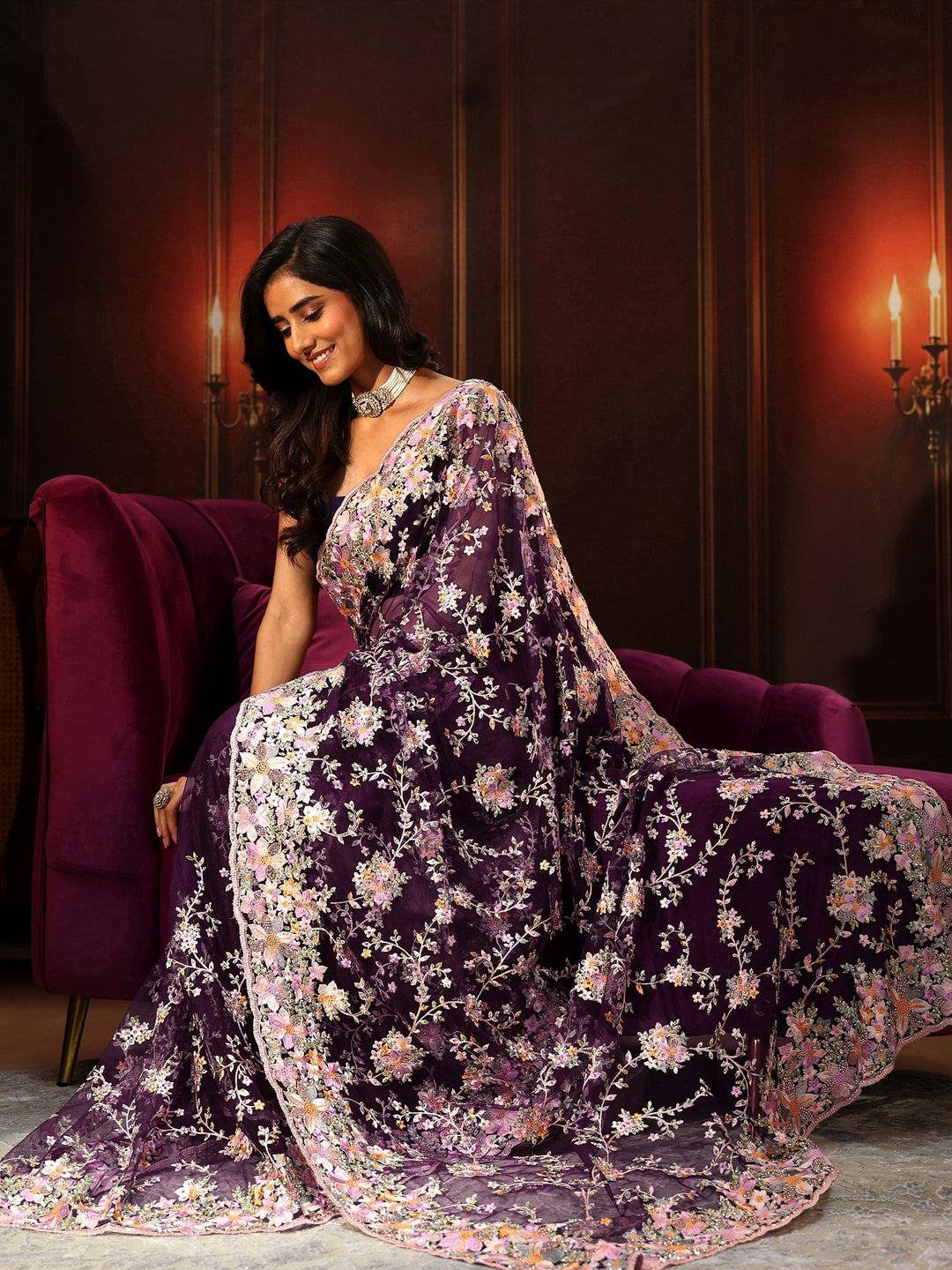 Libas Art Plum Purple Floral Embroidered Net Saree