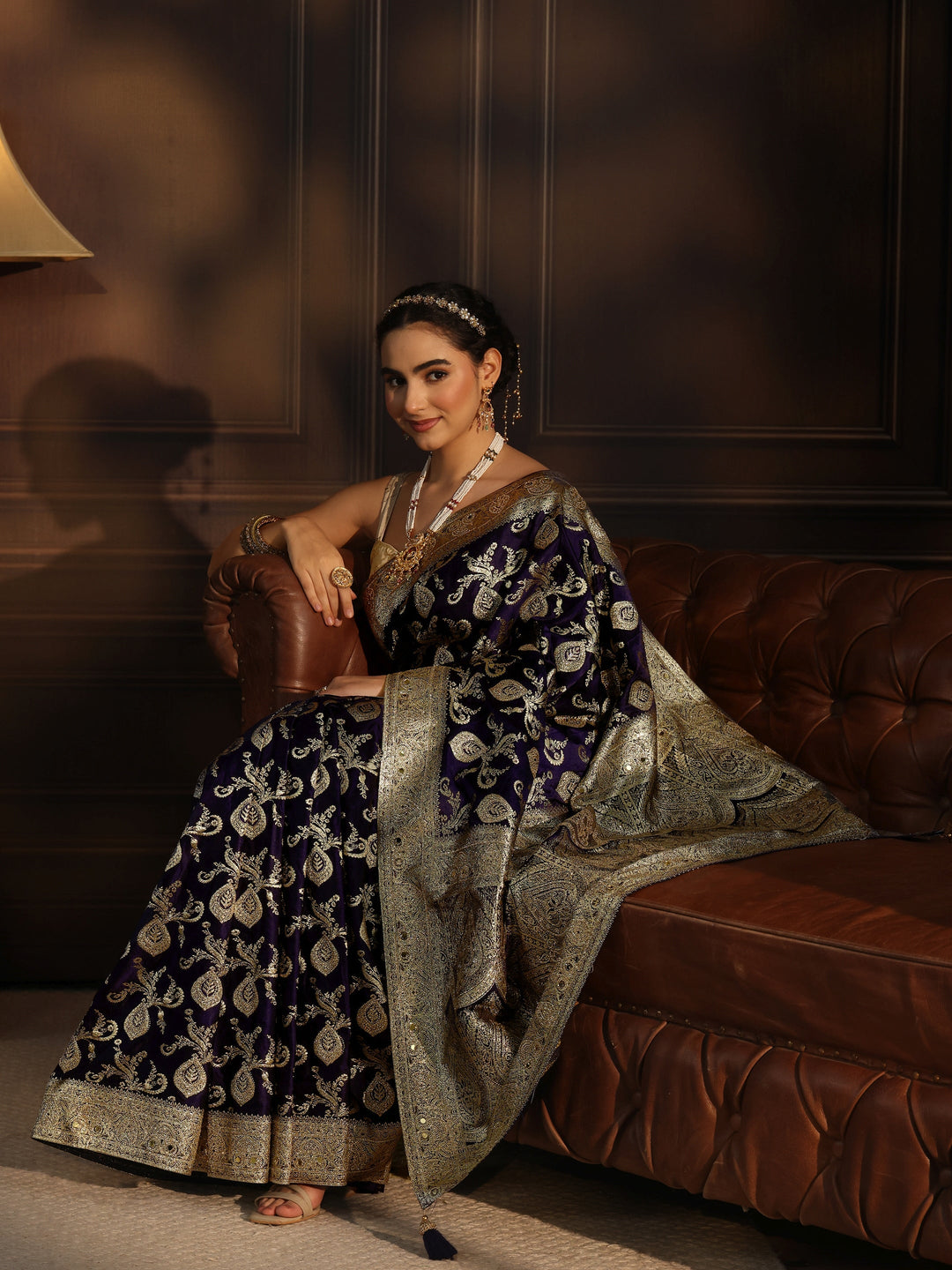 Libas Art Purple Banarasi Satin Saree with Stone Work