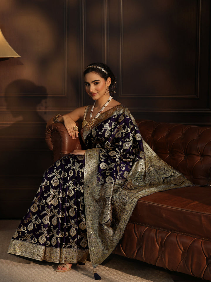 Libas Art Purple Banarasi Satin Saree with Stone Work