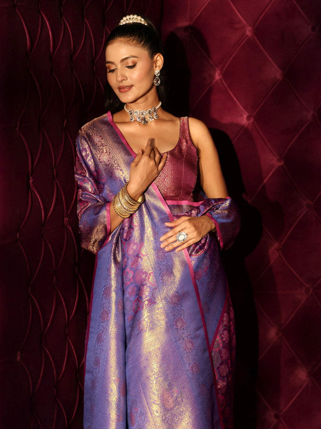 Libas Art Purple Ethnic Woven Design Silk Blend Tassel Saree