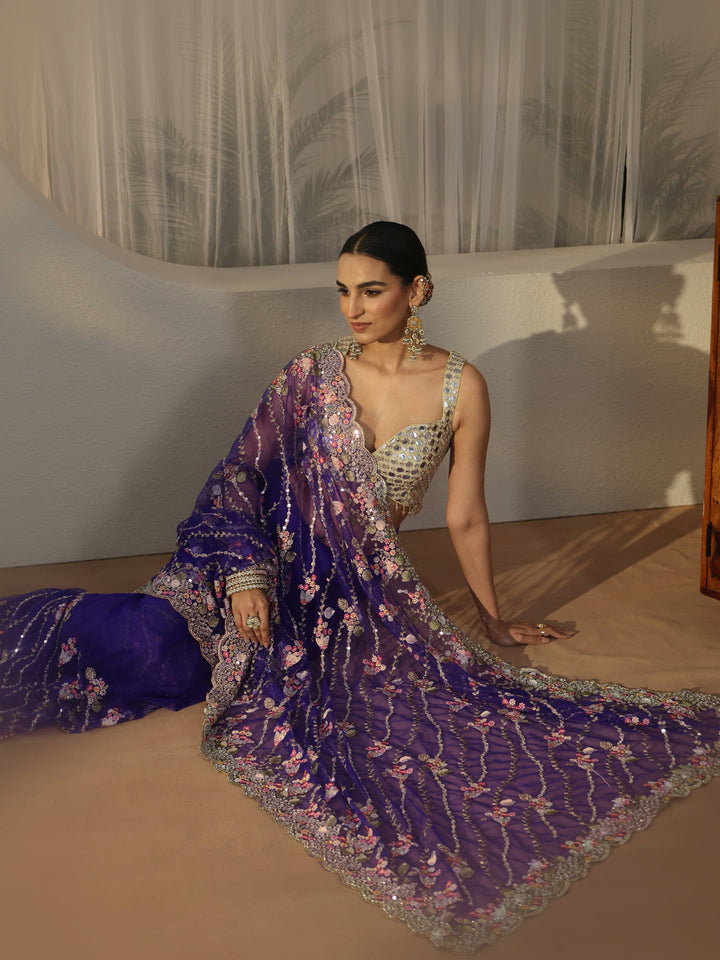 Libas Art Purple Floral Embellished Net Saree