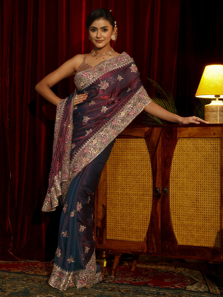 Libas Art Purple Floral Embellished Tissue Saree
