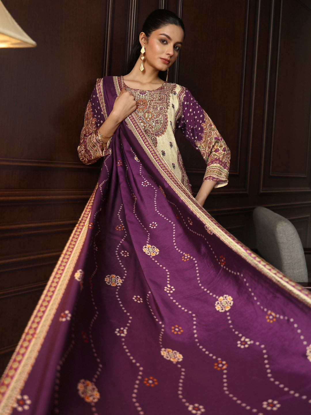 Libas Art Purple Floral Printed Muslin Farshi Salwar Suit