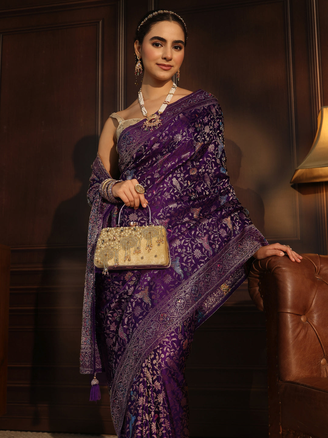 Libas Art Purple Floral Woven Design Silk Blend Saree with Stone Work
