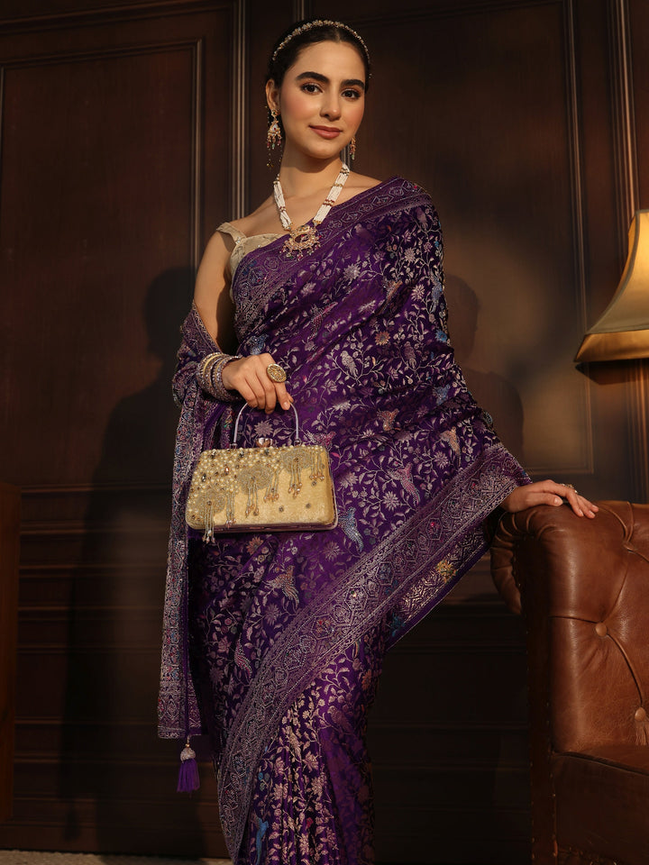 Libas Art Purple Floral Woven Design Silk Blend Saree with Stone Work