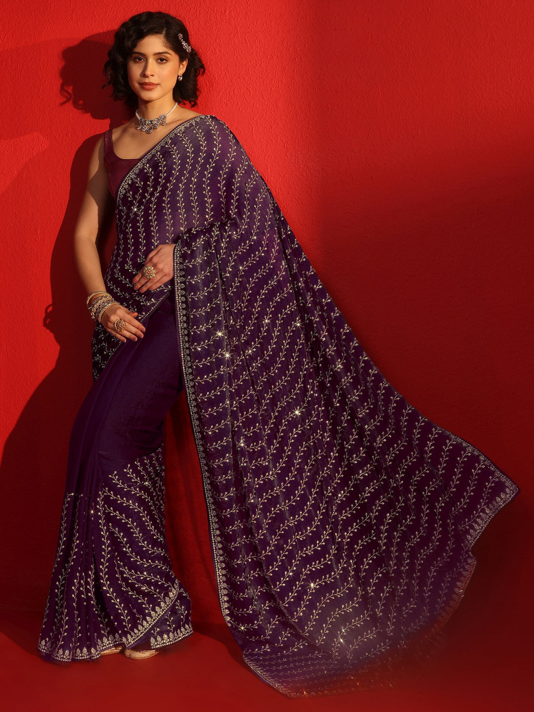 Libas Art Purple Leafy Stone Work Embellished Tissue Saree