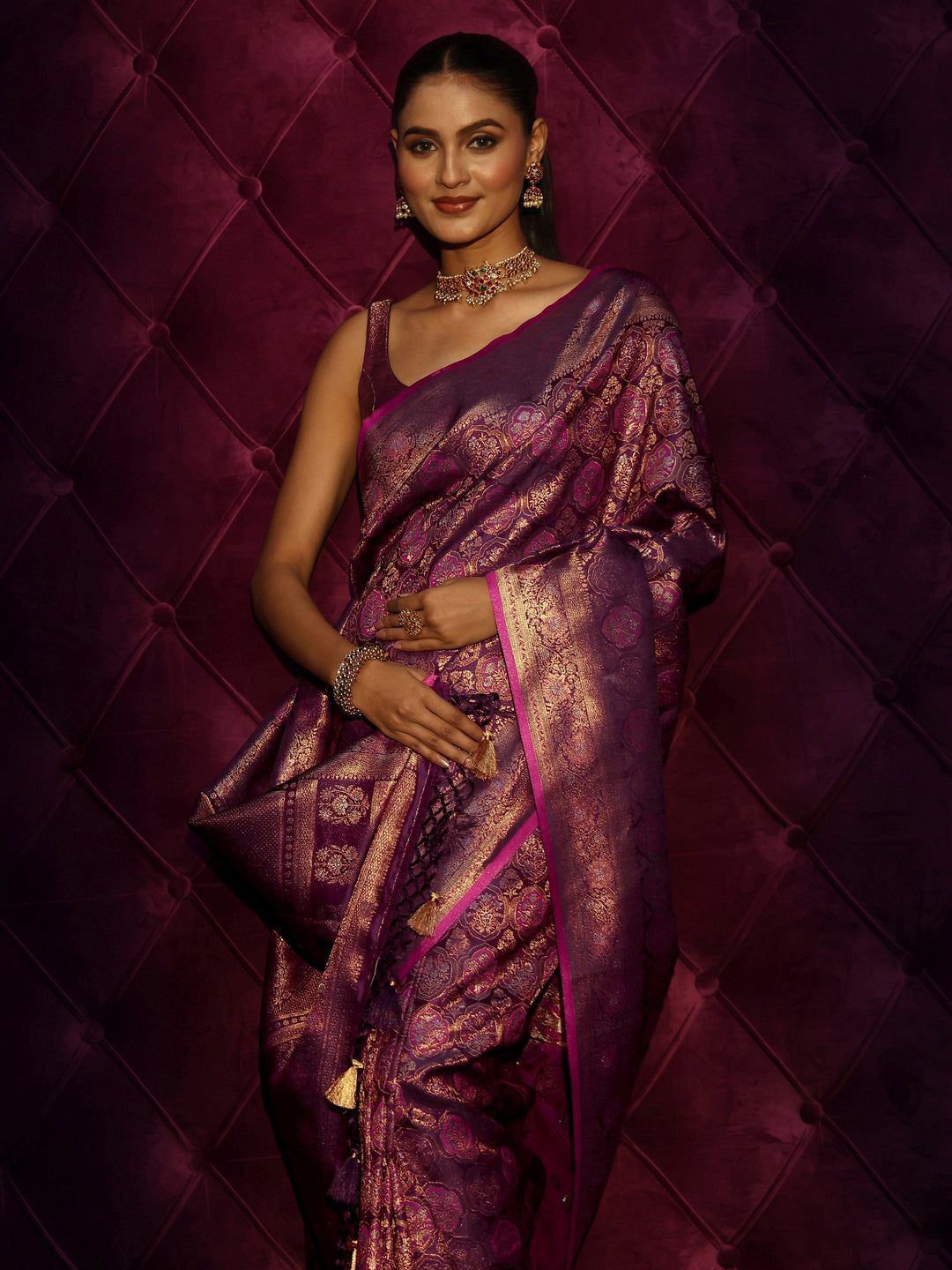 Libas Art Purple Mughal Floral Design Silk Blend Tassel Saree
