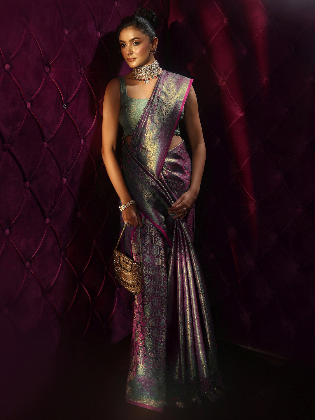 Libas Art Purple Mughal Floral Design Silk Blend Tassel Saree