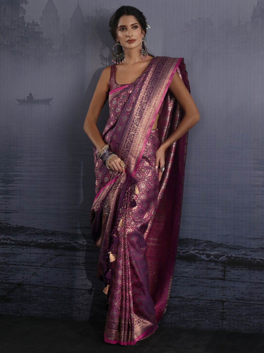 Libas Art Purple Patola Style Woven Design Silk Blend Tassel Saree
