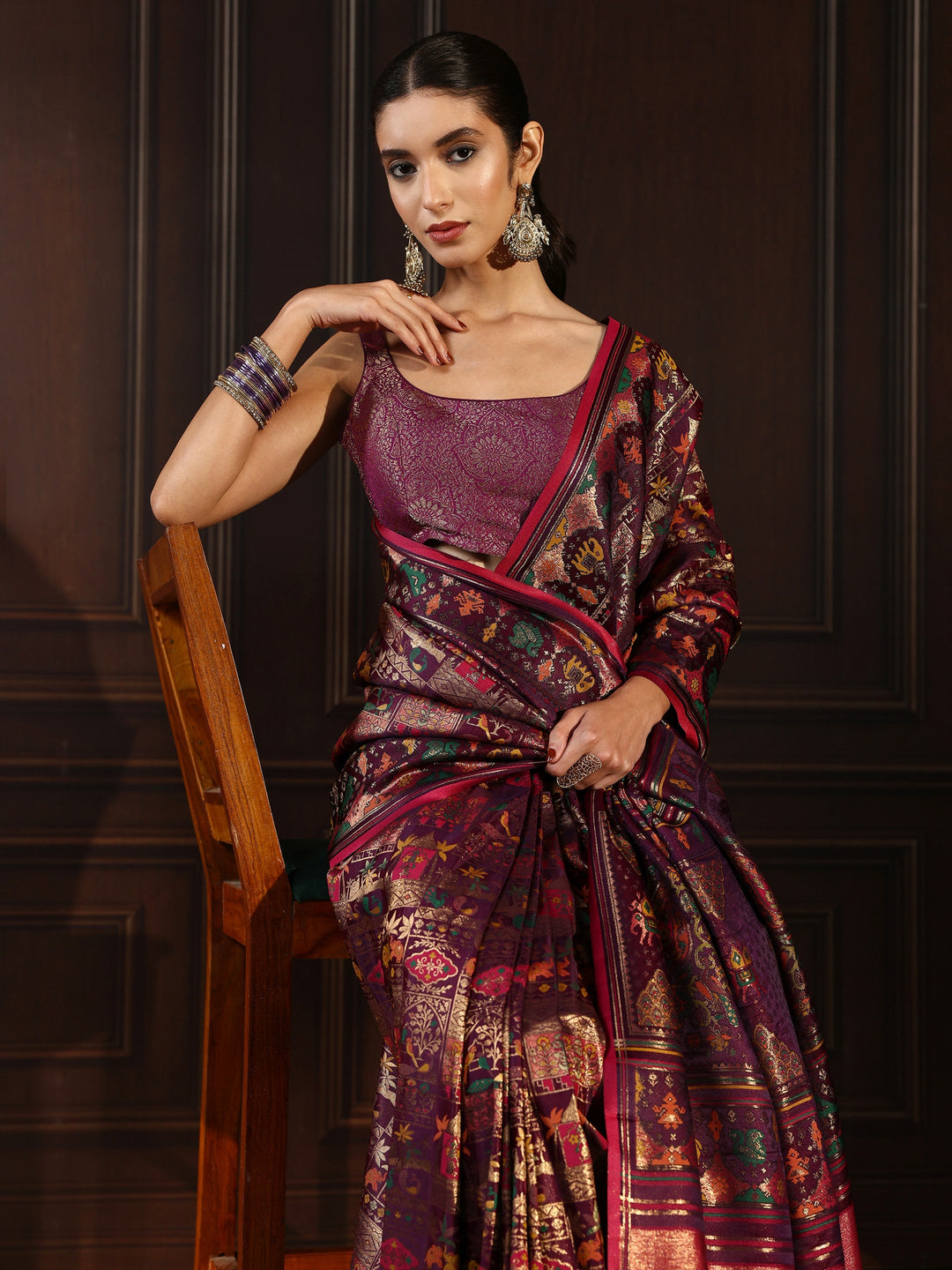Libas Art Purple Patola Style Woven Design Silk Blend Tassel Saree