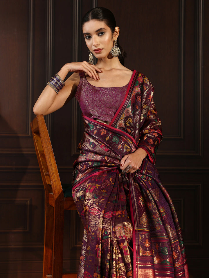 Libas Art Purple Patola Style Woven Design Silk Blend Tassel Saree