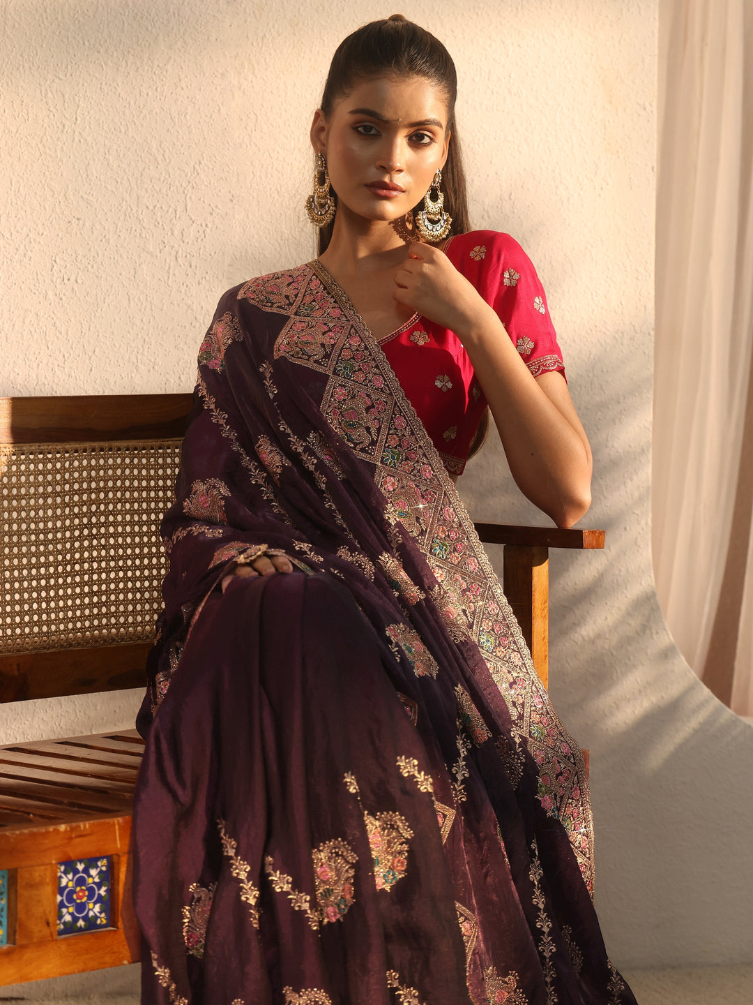 Libas Art Purple Peacock Embroidered Tissue Saree