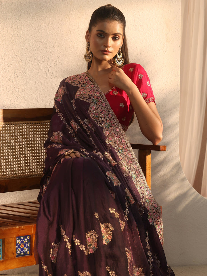 Libas Art Purple Peacock Embroidered Tissue Saree