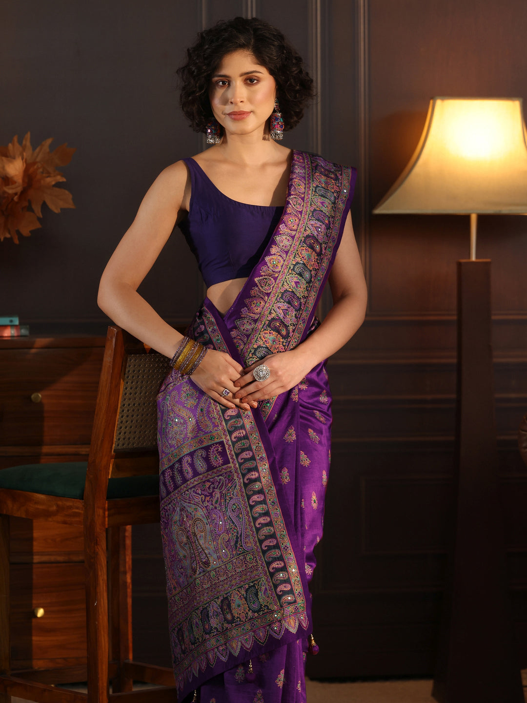 Libas Art Purple Printed Silk Blend Saree with Jamawar Pallu