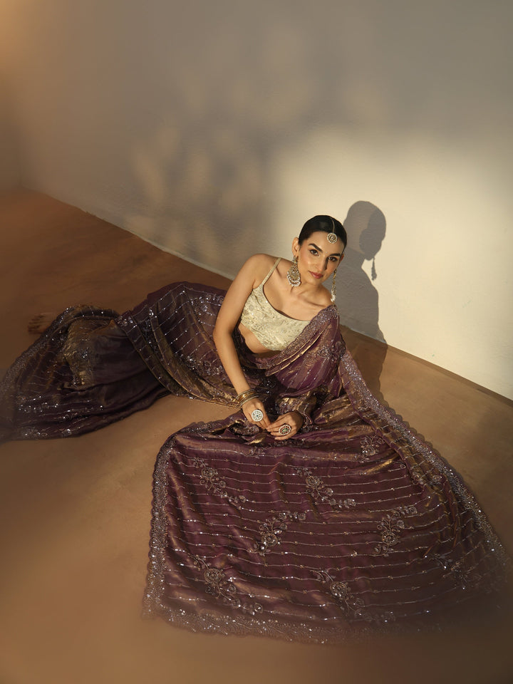 Libas Art Purple Sequin Embellished Tissue Saree
