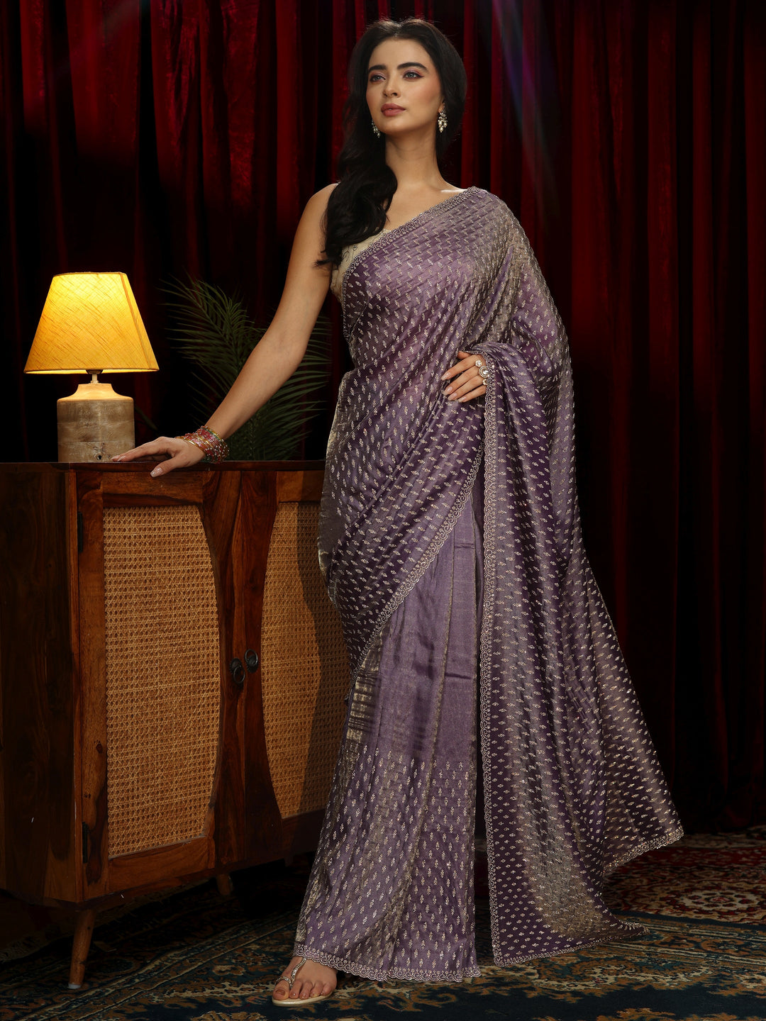 Libas Art Purple Stone Work Embellished Tissue Saree