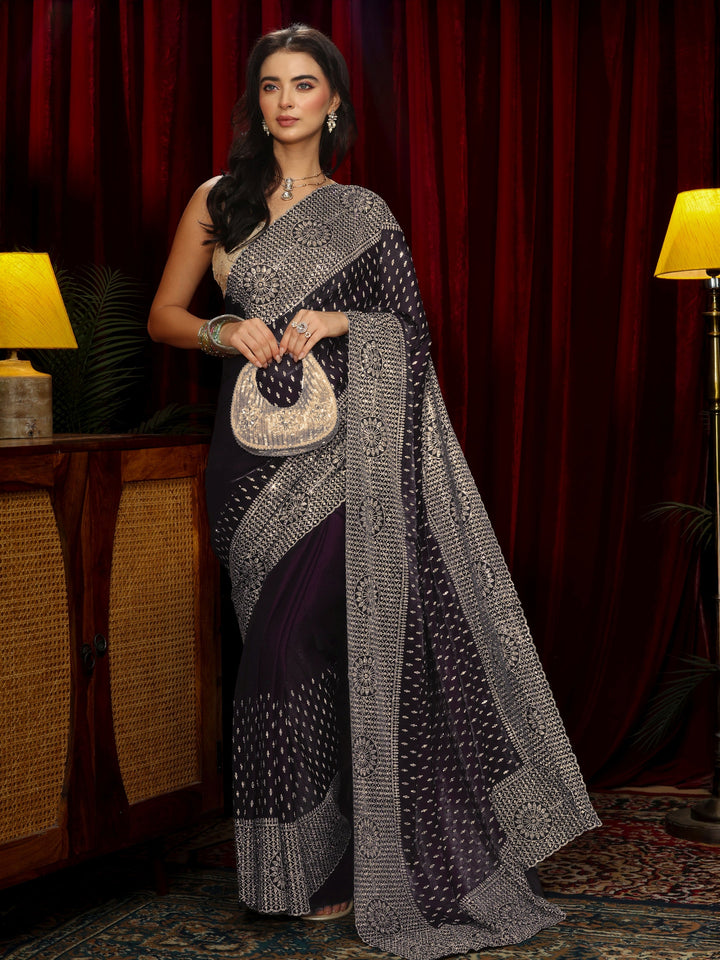 Libas Art Purple Stone Work Embellished Tissue Saree