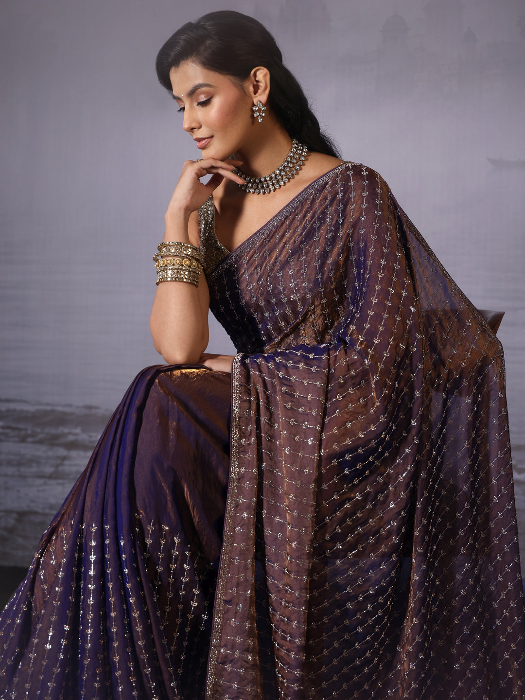 Libas Art Purple Stone Work Embellished Tissue Saree