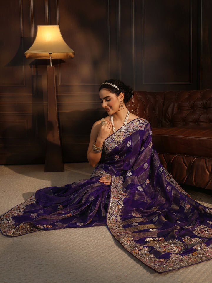 Libas Art Purple Striped Satin Saree with Embellished Border