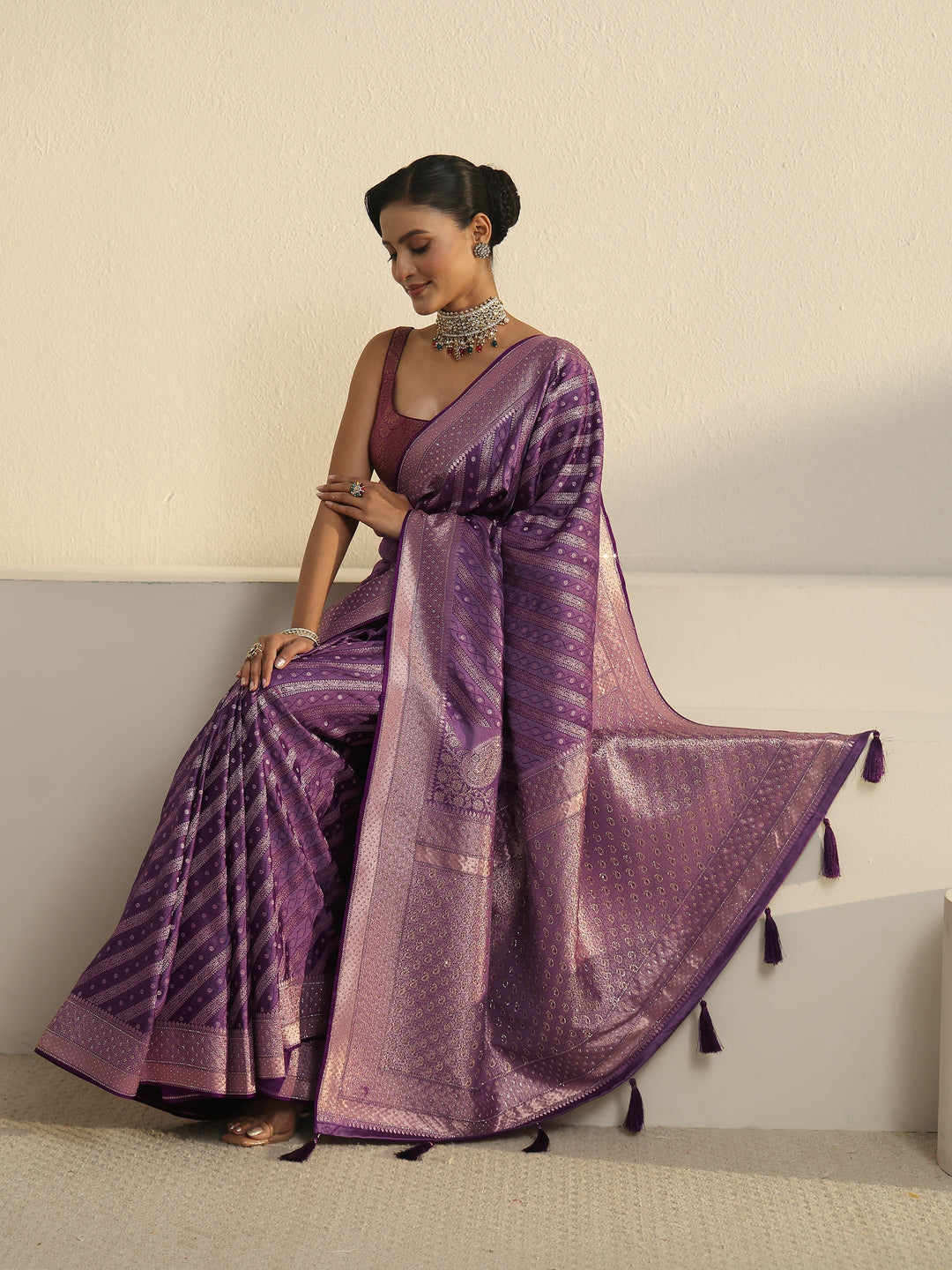 Libas Art Purple Striped Woven Design Satin Tassel Saree with Stone Work