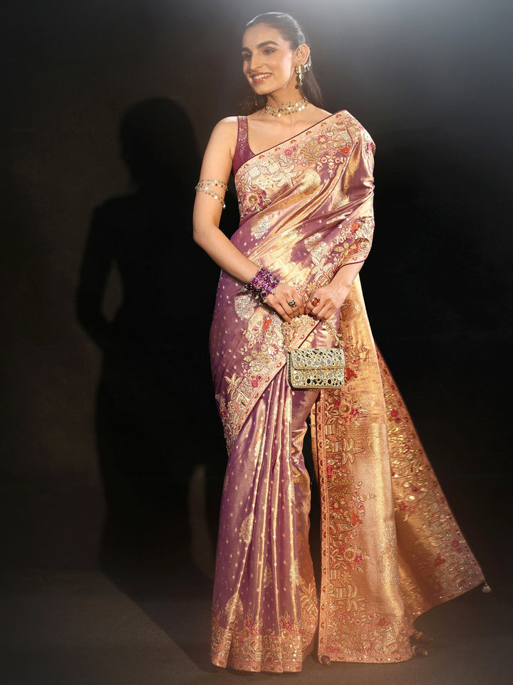 Libas Art Purple Woven Design Silk Blend Saree with Embroidered Border