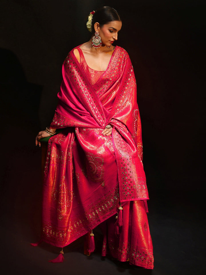 Libas Art Rani Pink Embellished Banarasi Silk Blend Saree with Dupatta