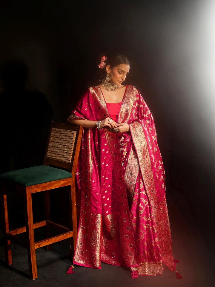 Libas Art Rani Pink Floral Design Banarasi Silk Blend Saree with Dupatta