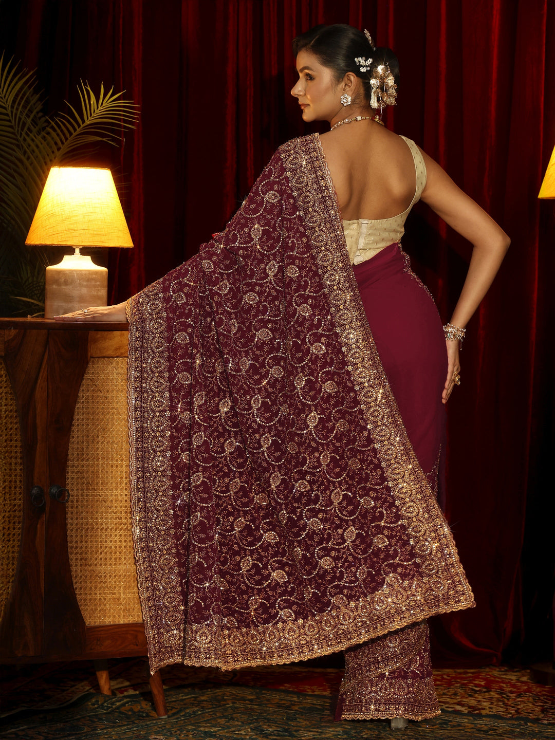 Libas Art Rani Pink Floral Embellished Georgette Saree