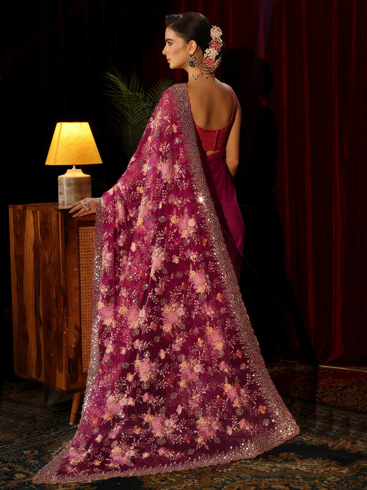 Libas Art Rani Pink Floral Embellished Net Saree