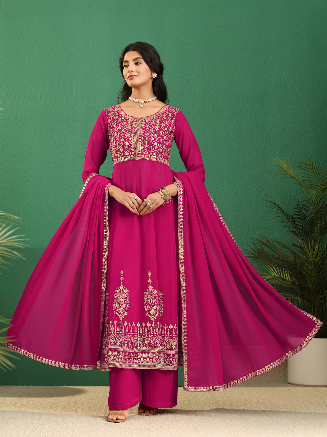 Libas Art Rani Pink Floral Embroidered Georgette Anarkali Suit Set