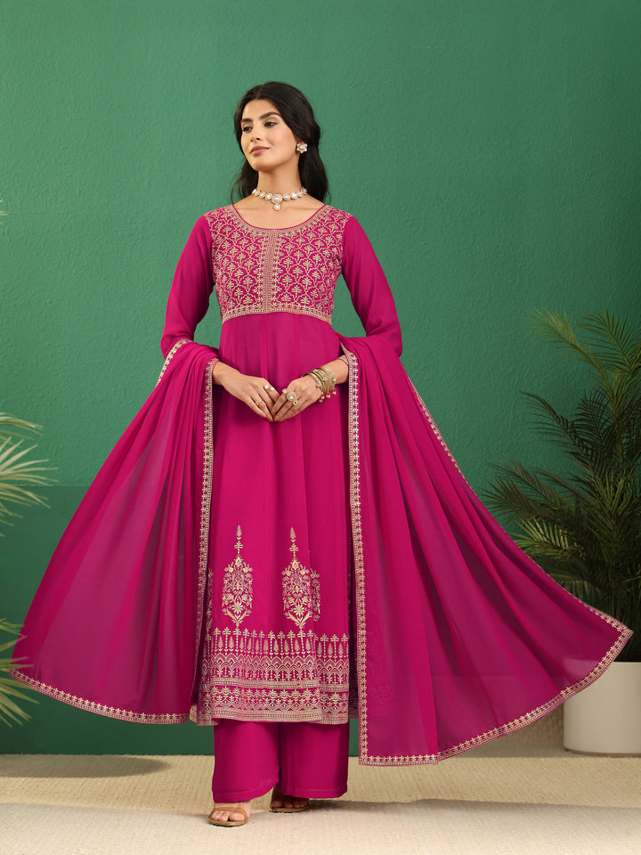 Libas Art Rani Pink Floral Embroidered Georgette Anarkali Suit Set