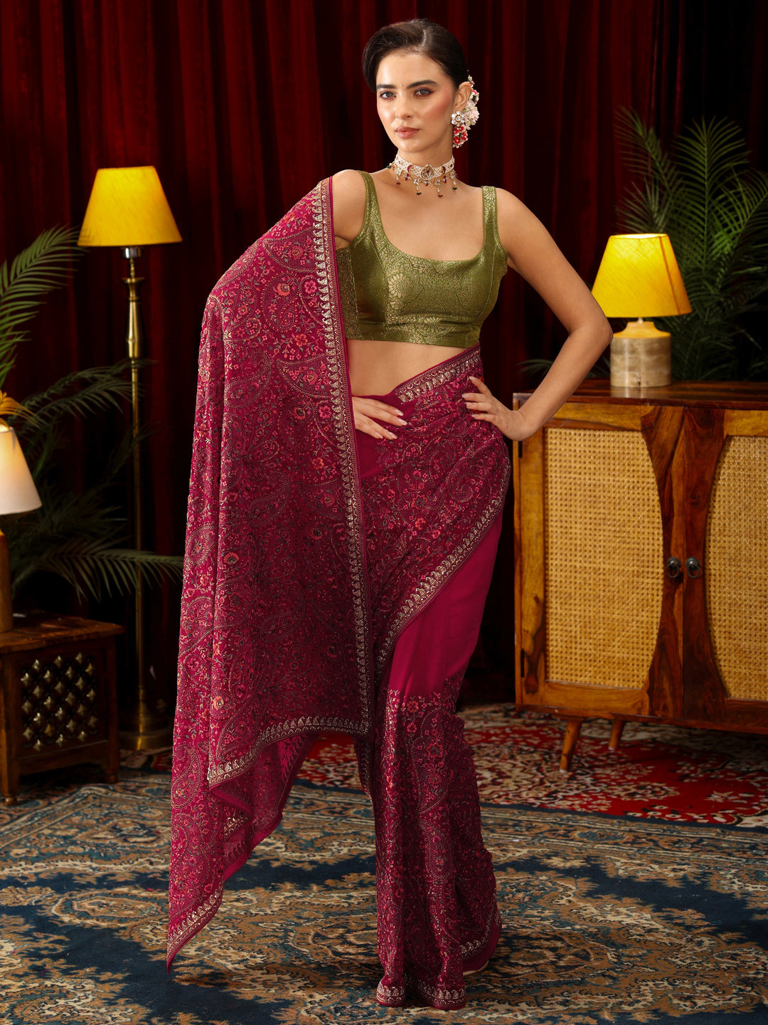 Libas Art Rani Pink Floral Embroidered Georgette Saree