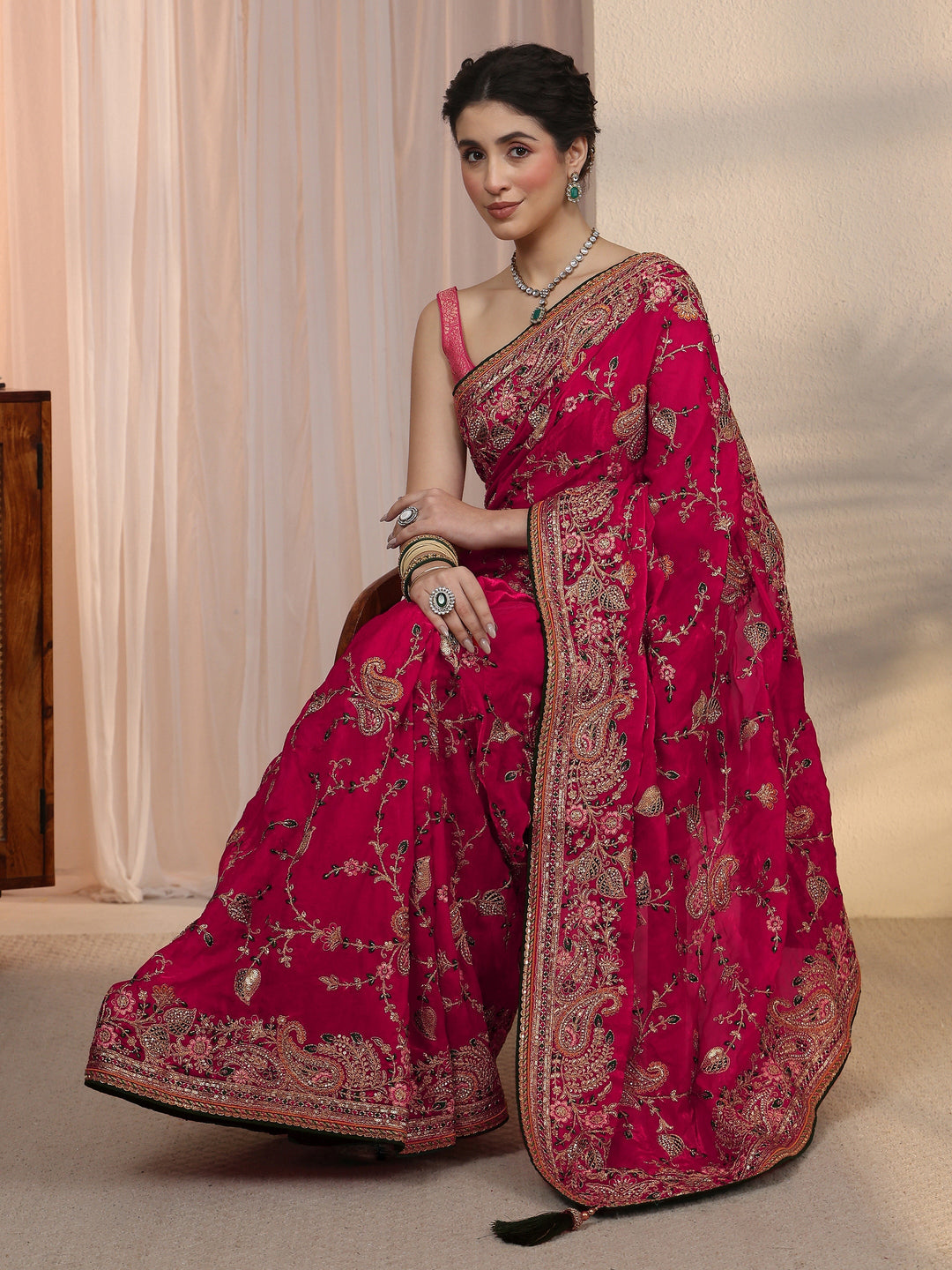 Libas Art Rani Pink Floral Embroidered Tissue Saree