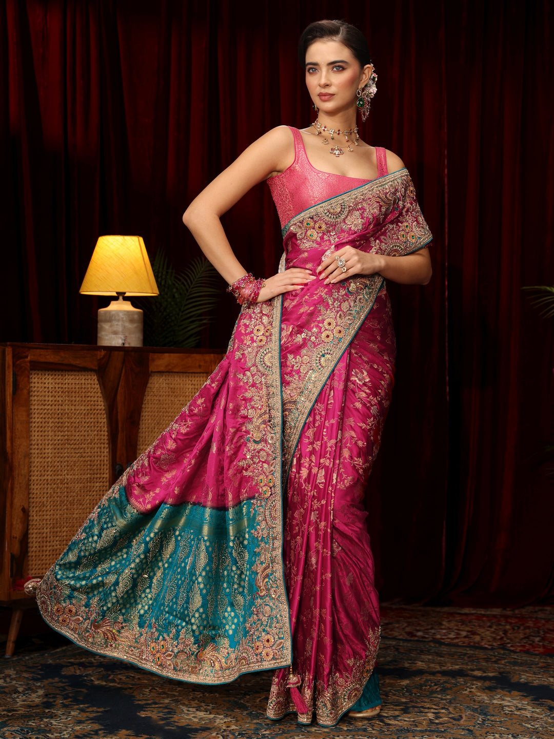 Libas Art Rani Pink Floral Woven Silk Blend Saree with Embellished Border