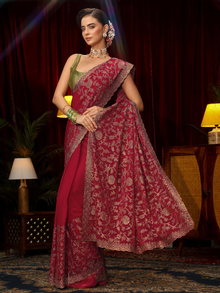 Libas Art Rani Pink Floral Zari Embroidered Tissue Saree