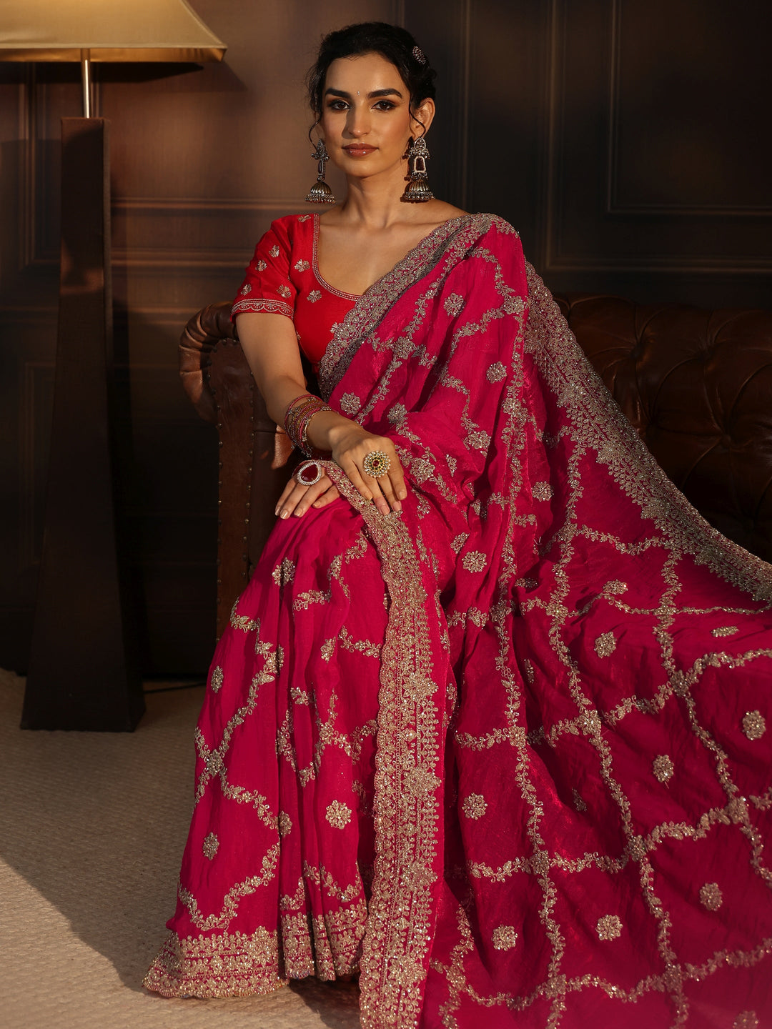 Libas Art Rani Pink Floral Zari Embroidered Tissue Saree